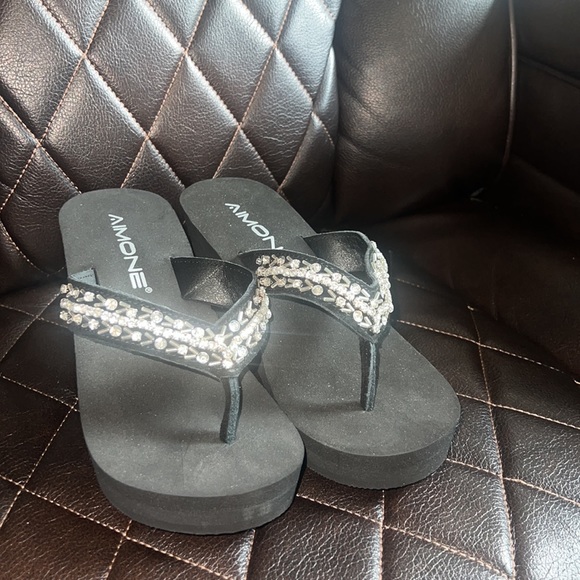 AIMONE-Appoline Wedge Flip Flop Sandals for Women Black Platform Sparkle - Picture 5 of 5